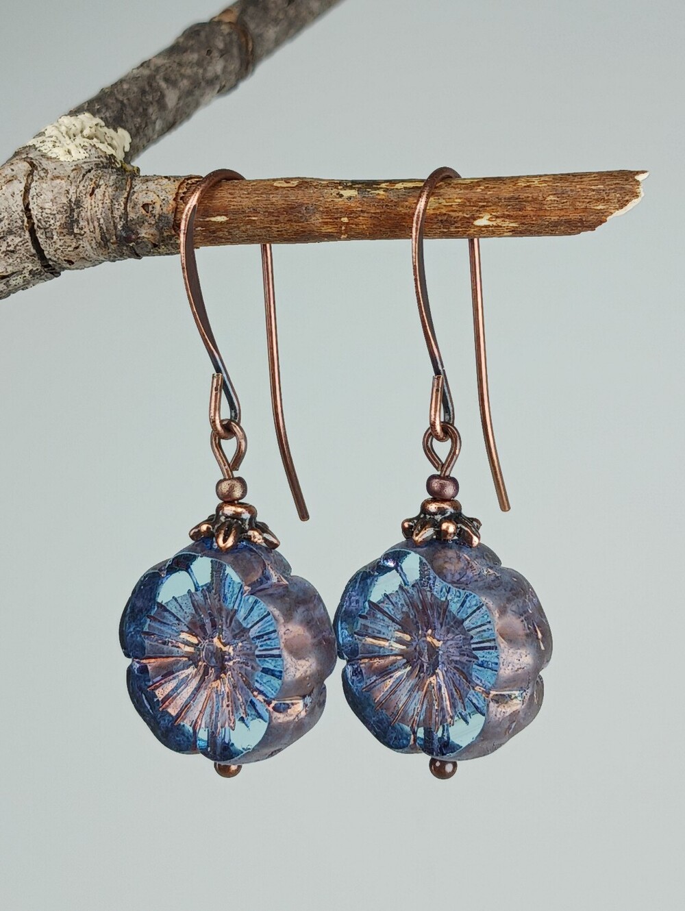 Blue Czech Glass Flower Earrings Copper Artisan Garden Jewelry Hand Crafted - Picture 4 of 7